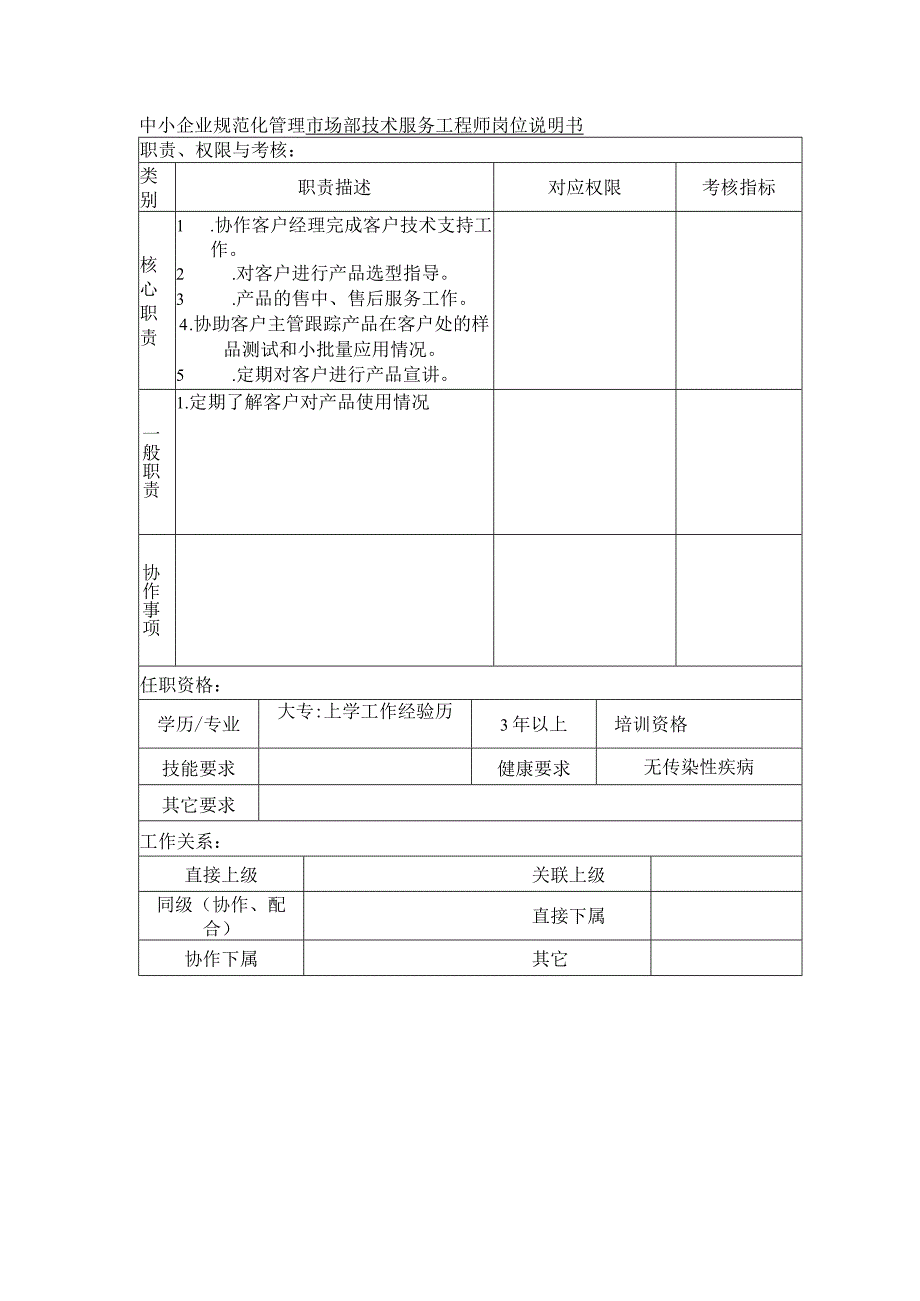 中小企业规范化管理市场部技术服务工程师岗位说明书.docx_第1页