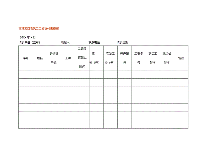 建筑工程项目农民工工资支付签收表模板.docx_第1页