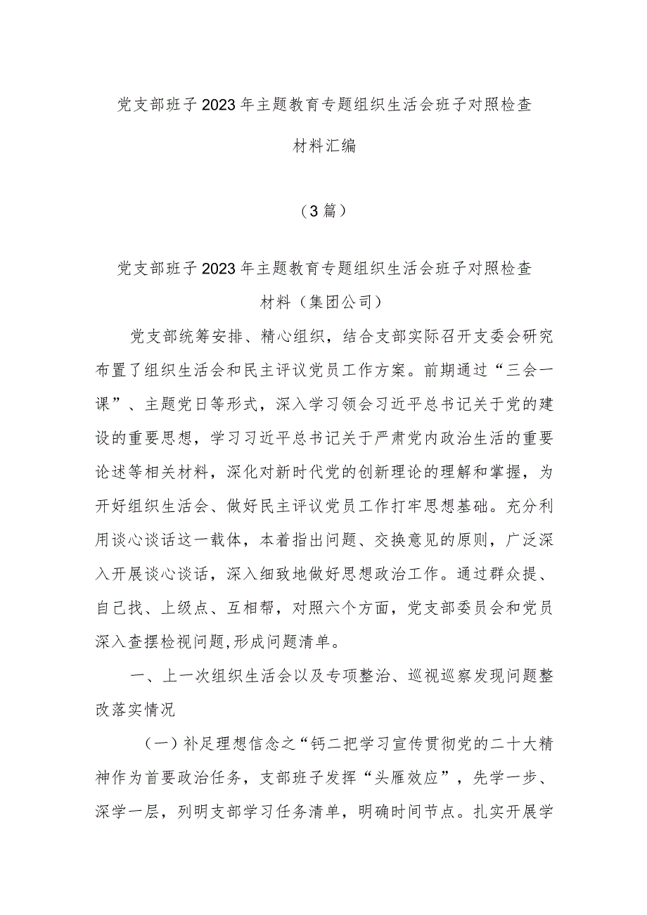 (3篇)党支部班子2023年主题教育专题组织生活会班子对照检查材料汇编.docx_第1页