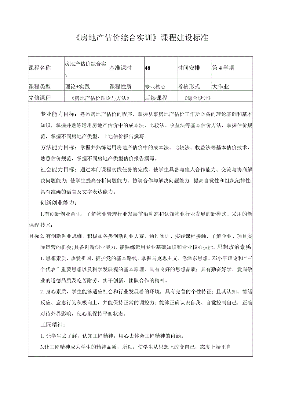 《房地产估价综合实训》课程建设标准.docx_第1页