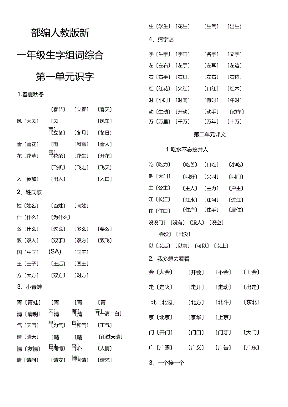 部编新（人）版一年级下册生字表与组词.docx_第1页