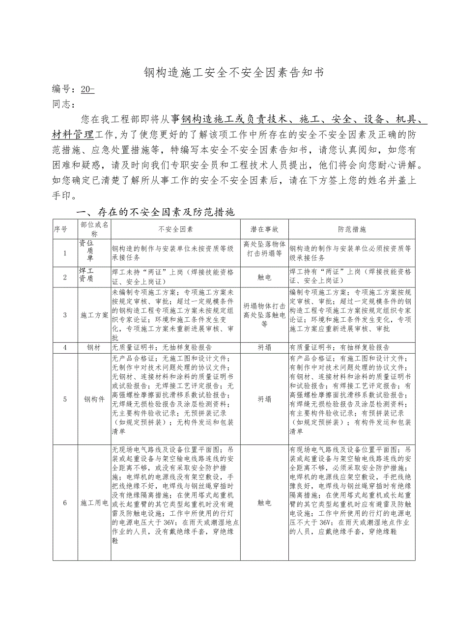 钢结构施工安全不安全因素告知书.docx_第1页