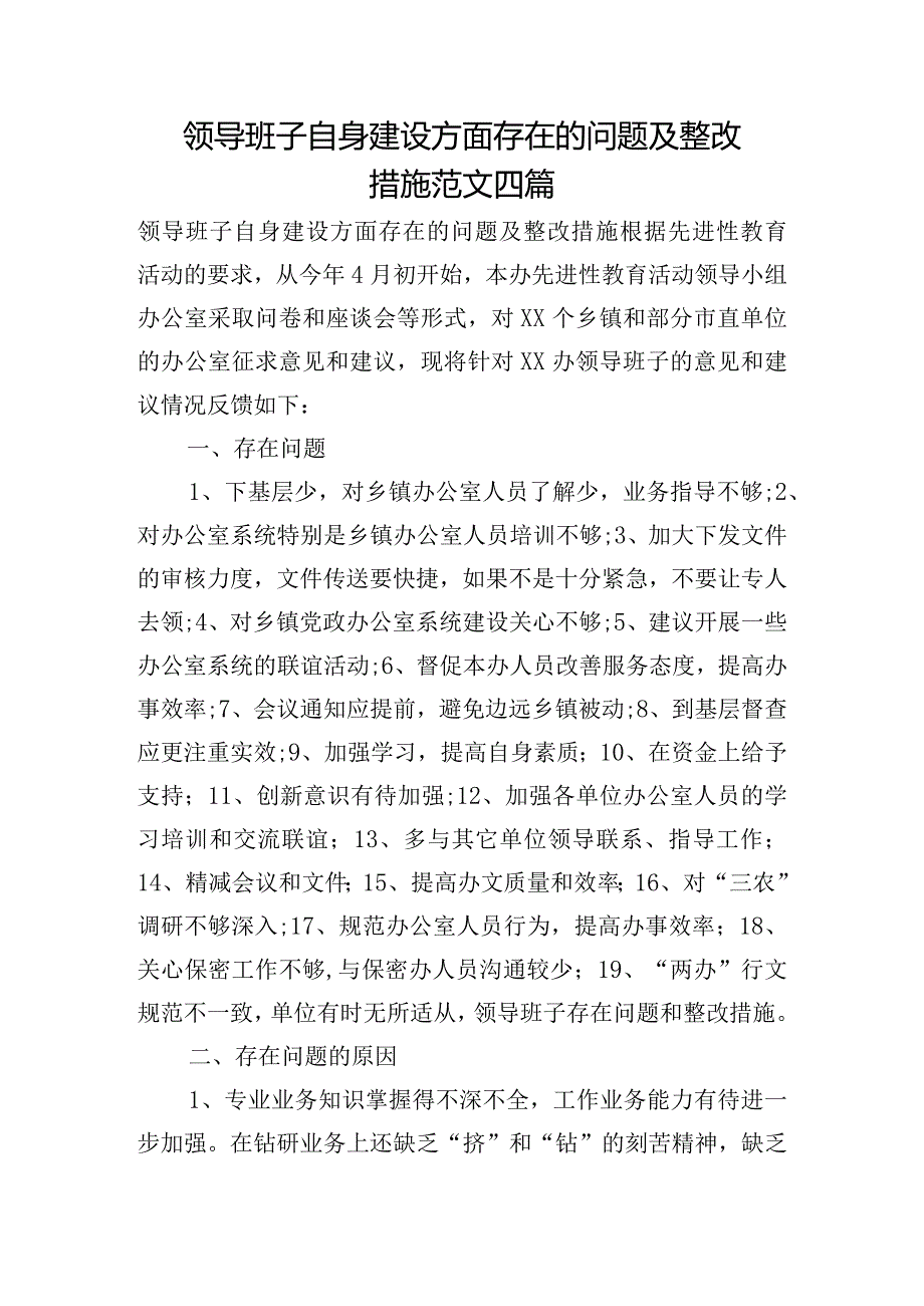 领导班子自身建设方面存在的问题及整改措施范文四篇.docx_第1页