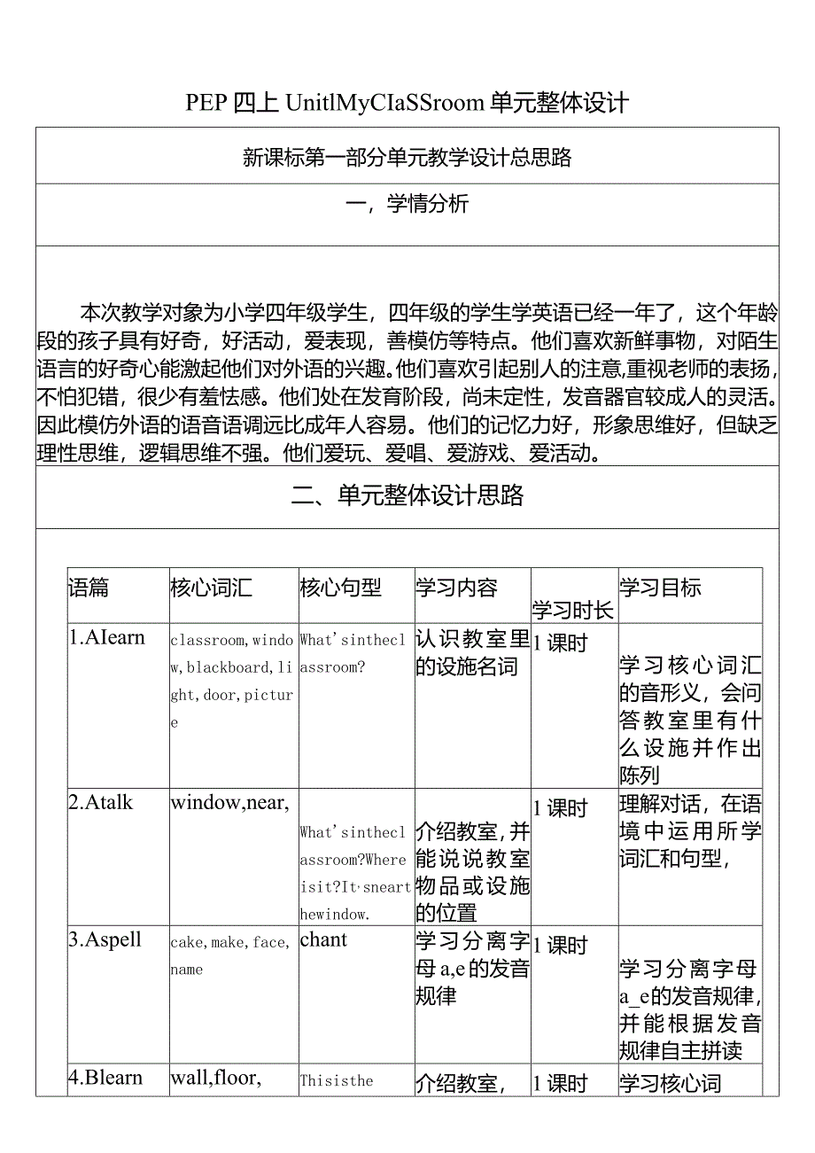 人教PEP四上大单元教学Unit 1 My classroom PB Read and write PC story tim教案.docx_第1页