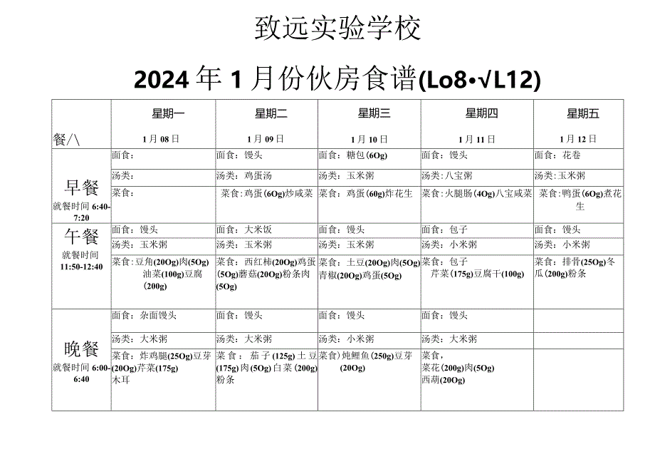 致远实验学校2024年1月份伙房食谱(1.08--1.12).docx_第1页