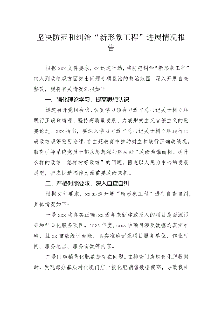 2023年坚决防范和纠治“新形象工程”进展情况报告（机关）.docx_第1页