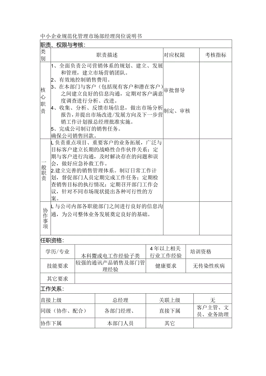 中小企业规范化管理市场部经理岗位说明书.docx_第1页