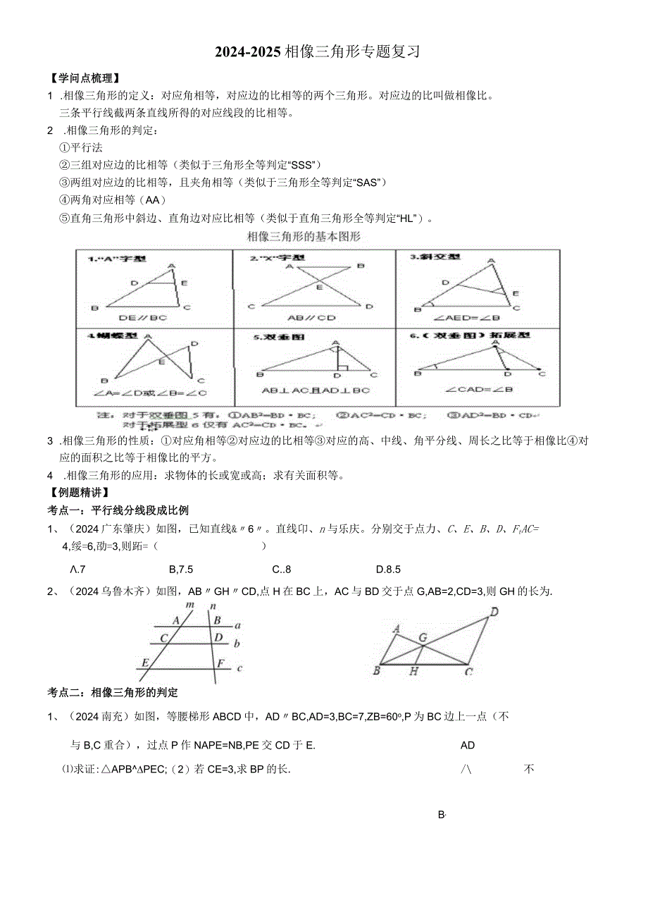2024-2025年相似三角形专题复习.docx_第1页