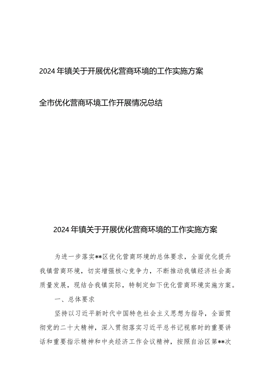 2024年镇关于开展优化营商环境的工作实施方案+全市优化营商环境工作开展情况总结.docx_第1页