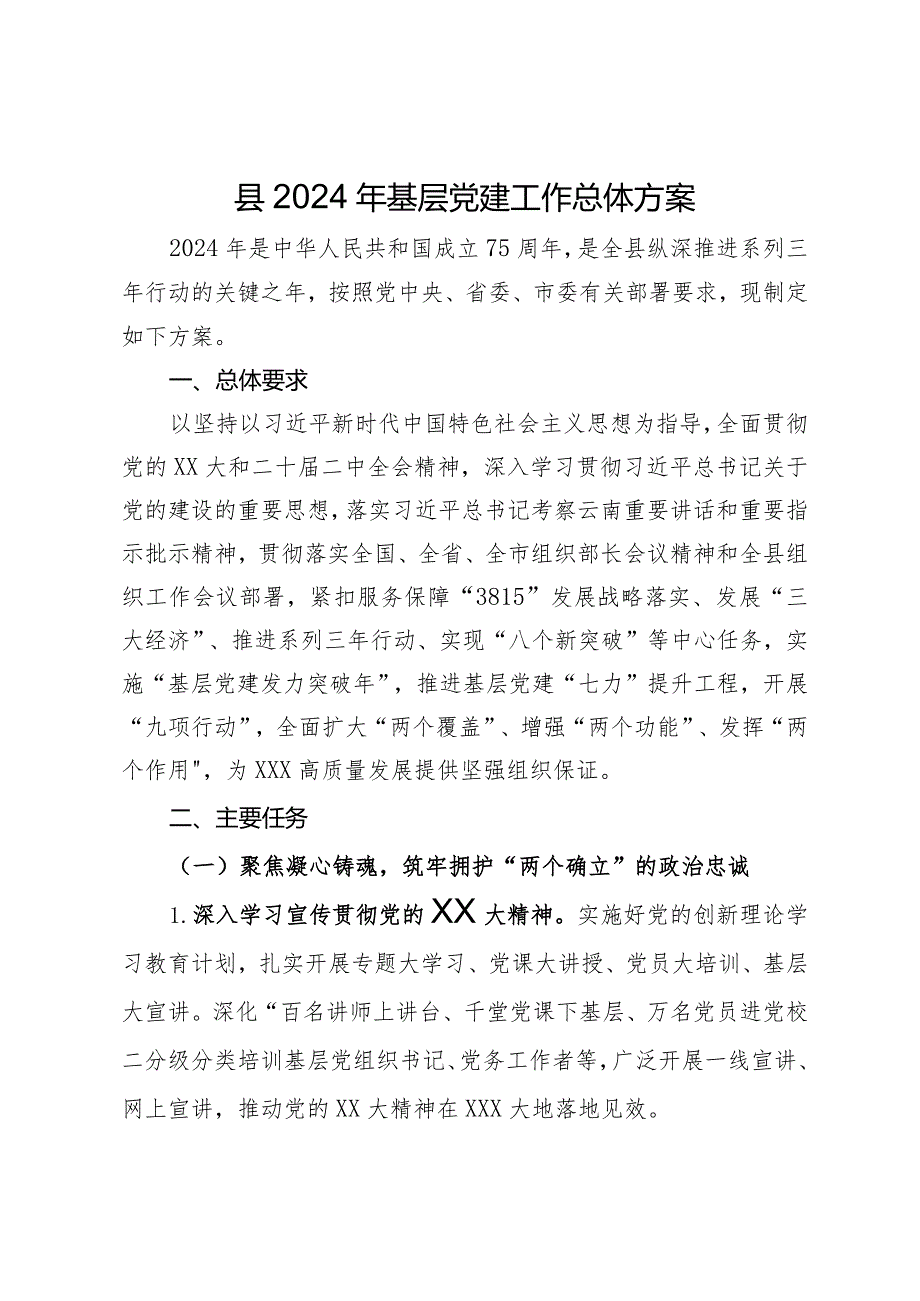 县2024年基层党建工作总体方案.docx_第1页