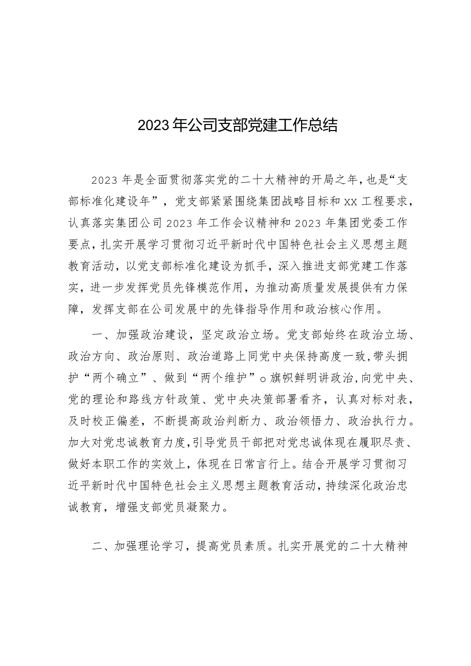 2023年党建工作总结（公司党支部）.docx_第1页