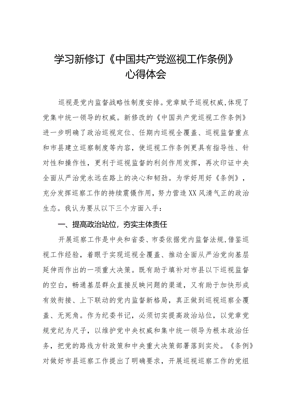 纪检干部学习2024年新修订《中国共产党巡视工作条例》心得体会(五篇).docx_第1页