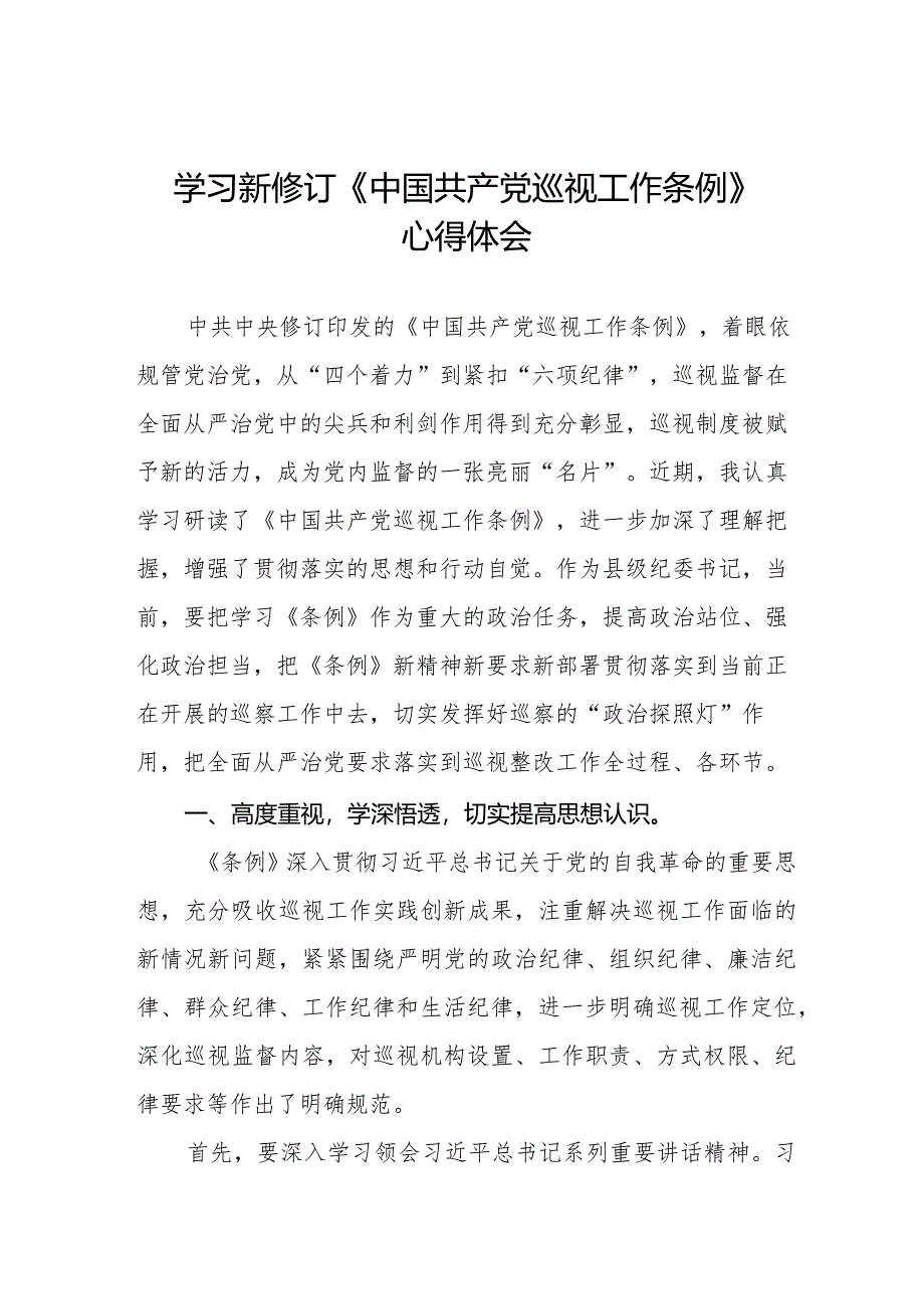 学习新修订《中国共产党巡视工作条例》心得体会交流发言(五篇).docx_第1页