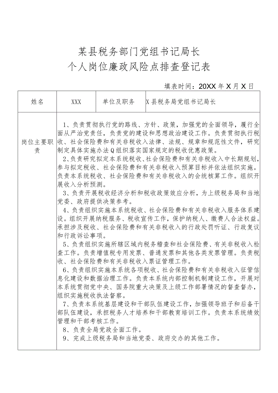 某县税务部门党组书记局长个人岗位廉政风险点排查登记表.docx_第1页