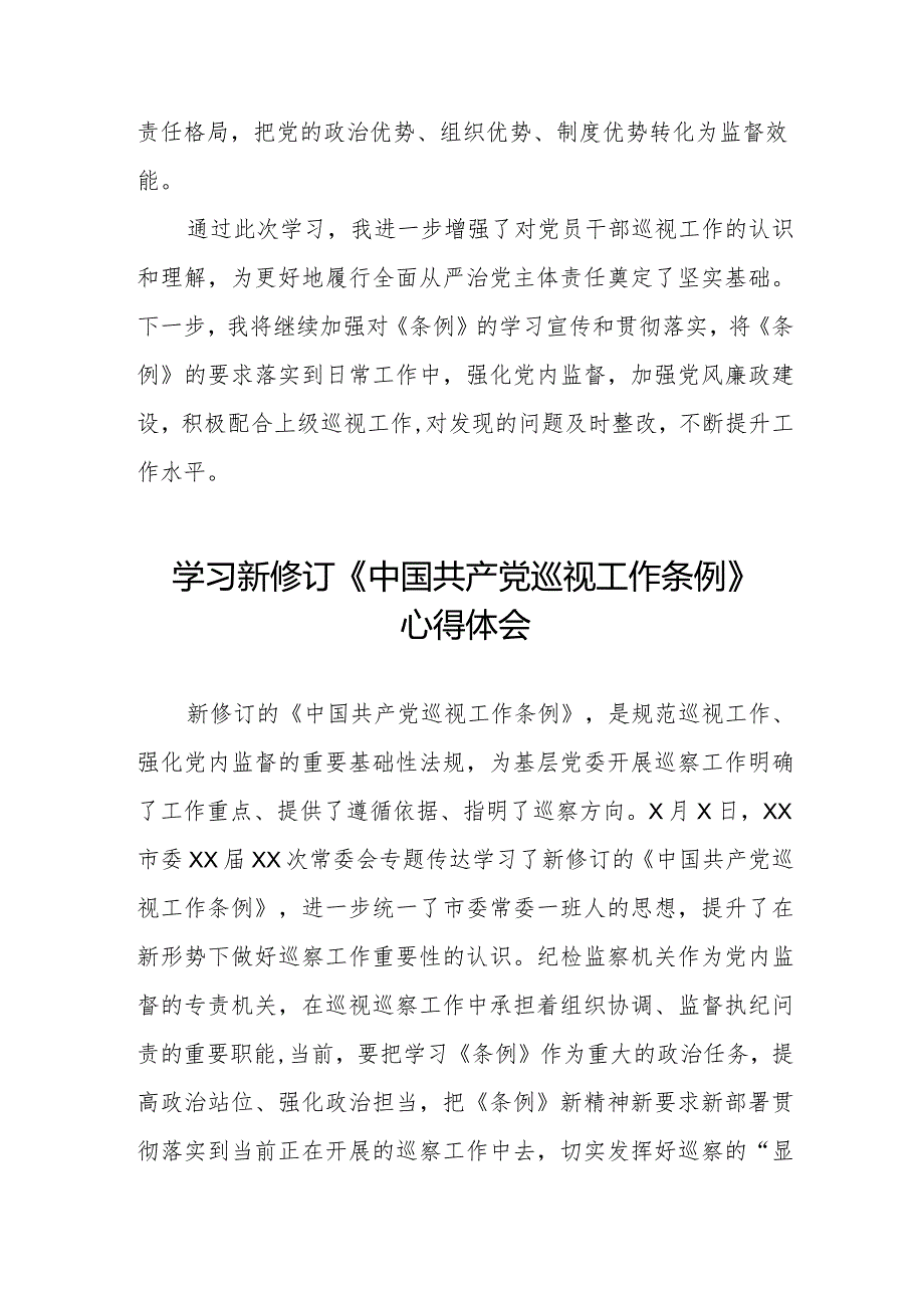 纪检巡察干部学习2024版新修订中国共产党巡视工作条例的心得体会(五篇).docx_第2页