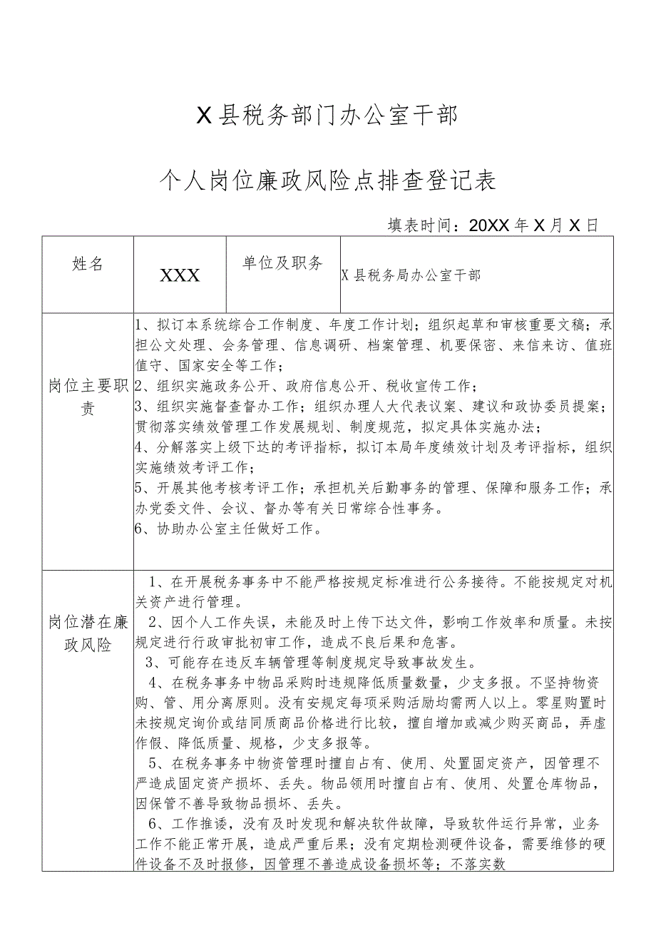 X县税务部门办公室干部个人岗位廉政风险点排查登记表.docx_第1页