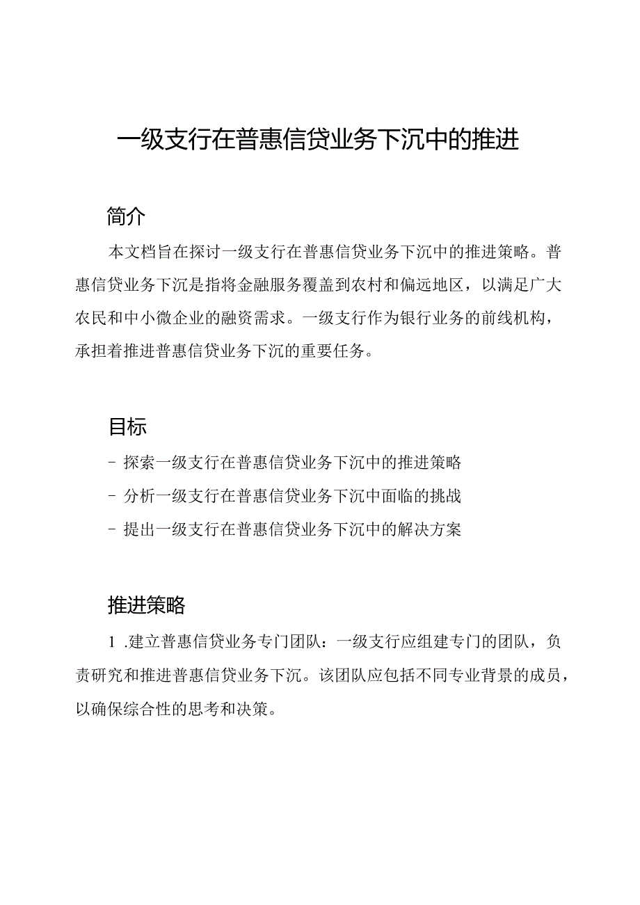 一级支行在普惠信贷业务下沉中的推进.docx_第1页