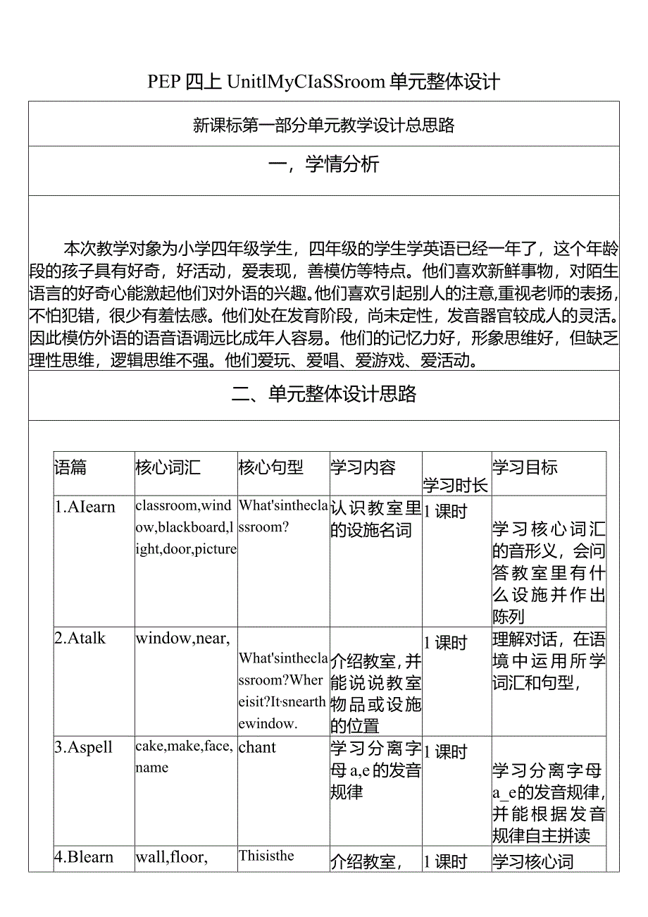 人教PEP四上大单元教学Unit 1 My classroom PA Let's talk 教案.docx_第1页