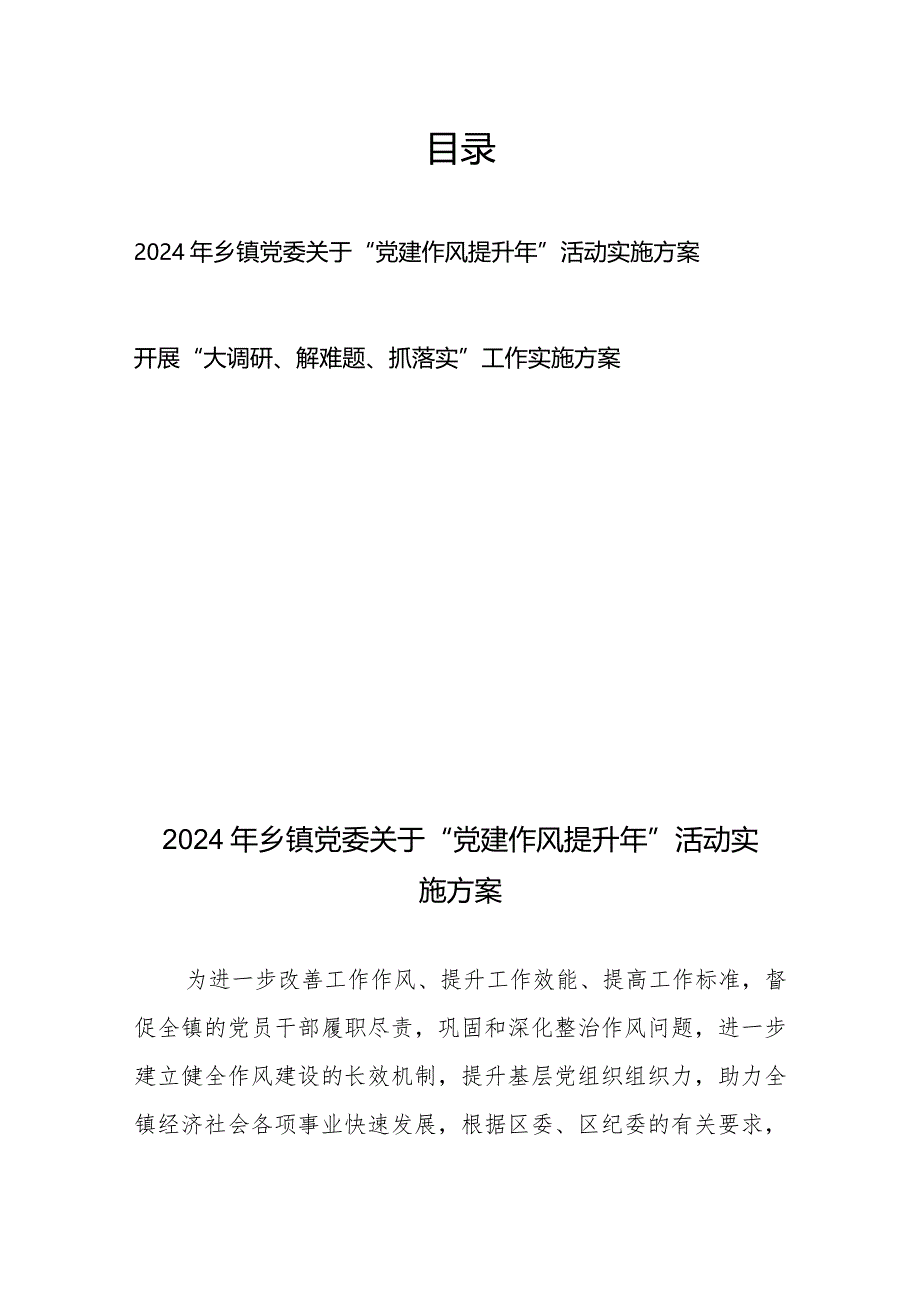 2024年乡镇党委关于“党建作风提升年”活动实施方案+开展“大调研、解难题、抓落实”工作实施方案.docx_第1页