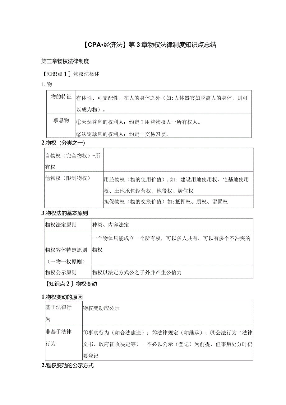 【CPA-经济法】第3章 物权法律制度知识点总结.docx_第1页