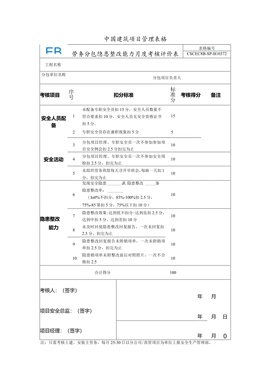 CSCEC8B-SP-B10372-劳务分包隐患整改能力月度考核评价表.docx_第1页