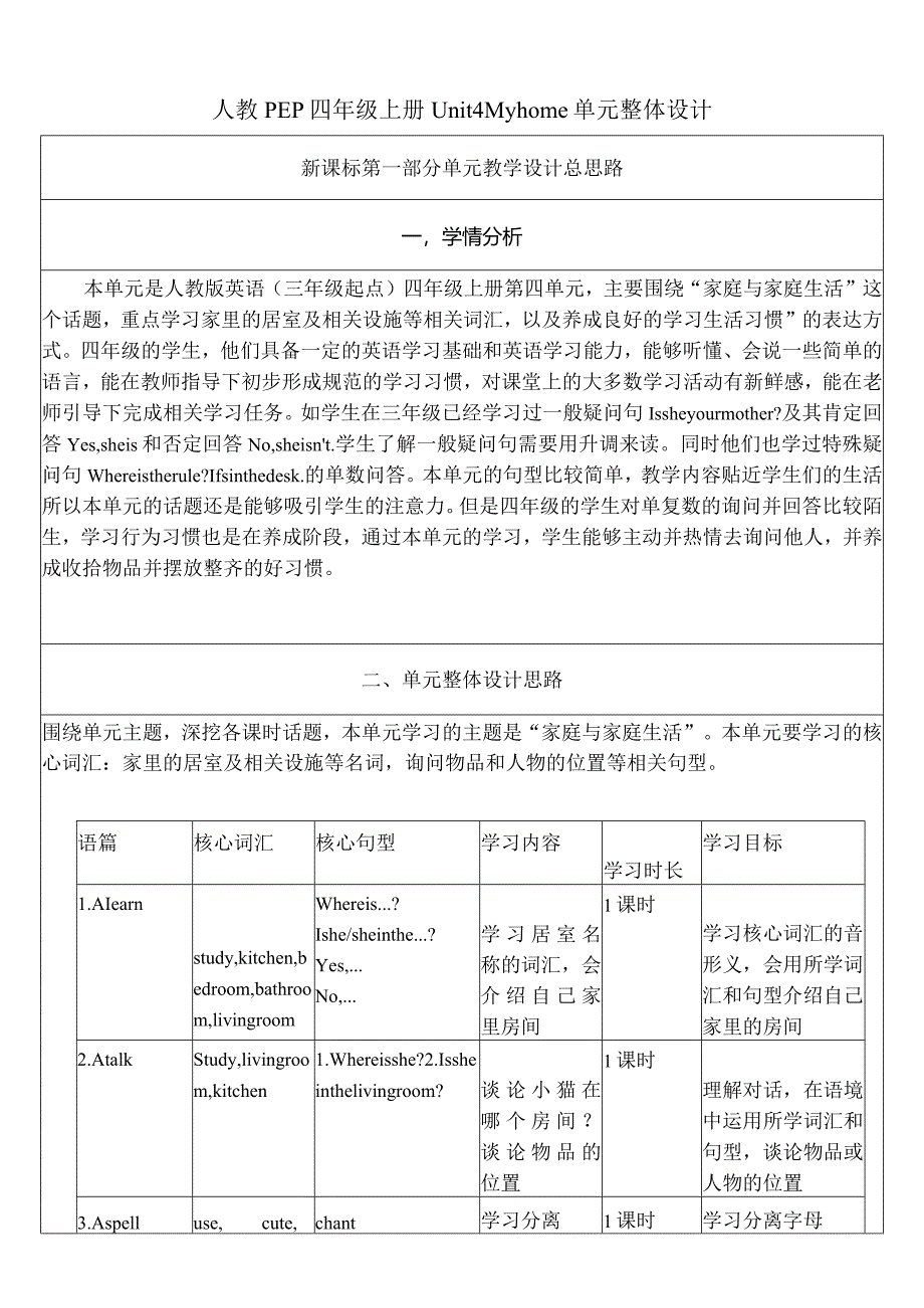 人教PEP四上大单元教学Unit 4 My home PA Let's talk 教案.docx_第1页