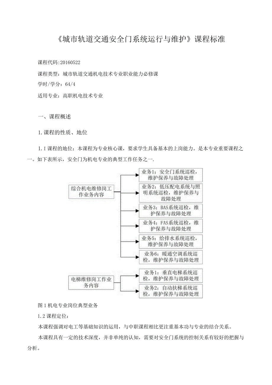 《城市轨道交通安全门系统运行与维护》课程标准.docx_第1页