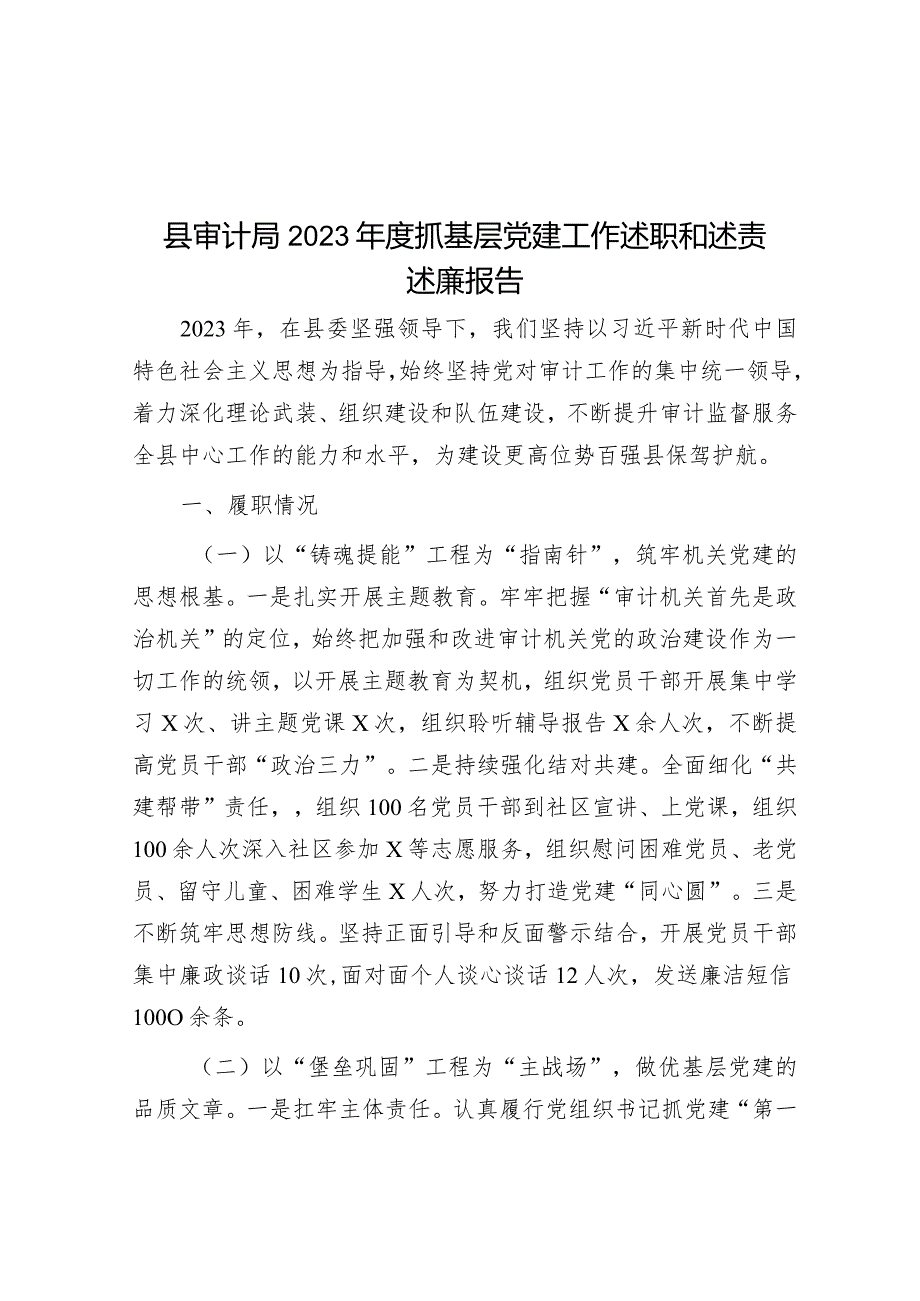 2023年度抓基层党建工作述职和述责述廉报告（审计局）.docx_第1页