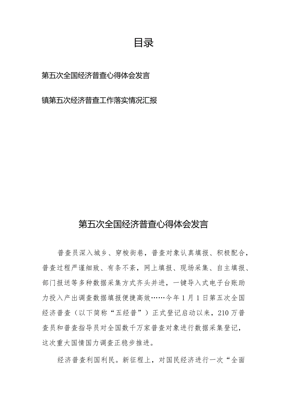 第五次全国经济普查心得体会发言+镇第五次经济普查工作落实情况汇报.docx_第1页