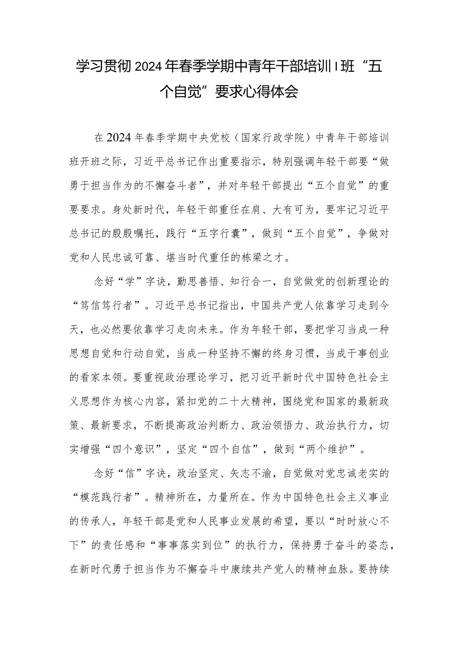 学习贯彻2024年春季学期中青年干部培训班“五个自觉”要求心得体会6篇.docx_第2页