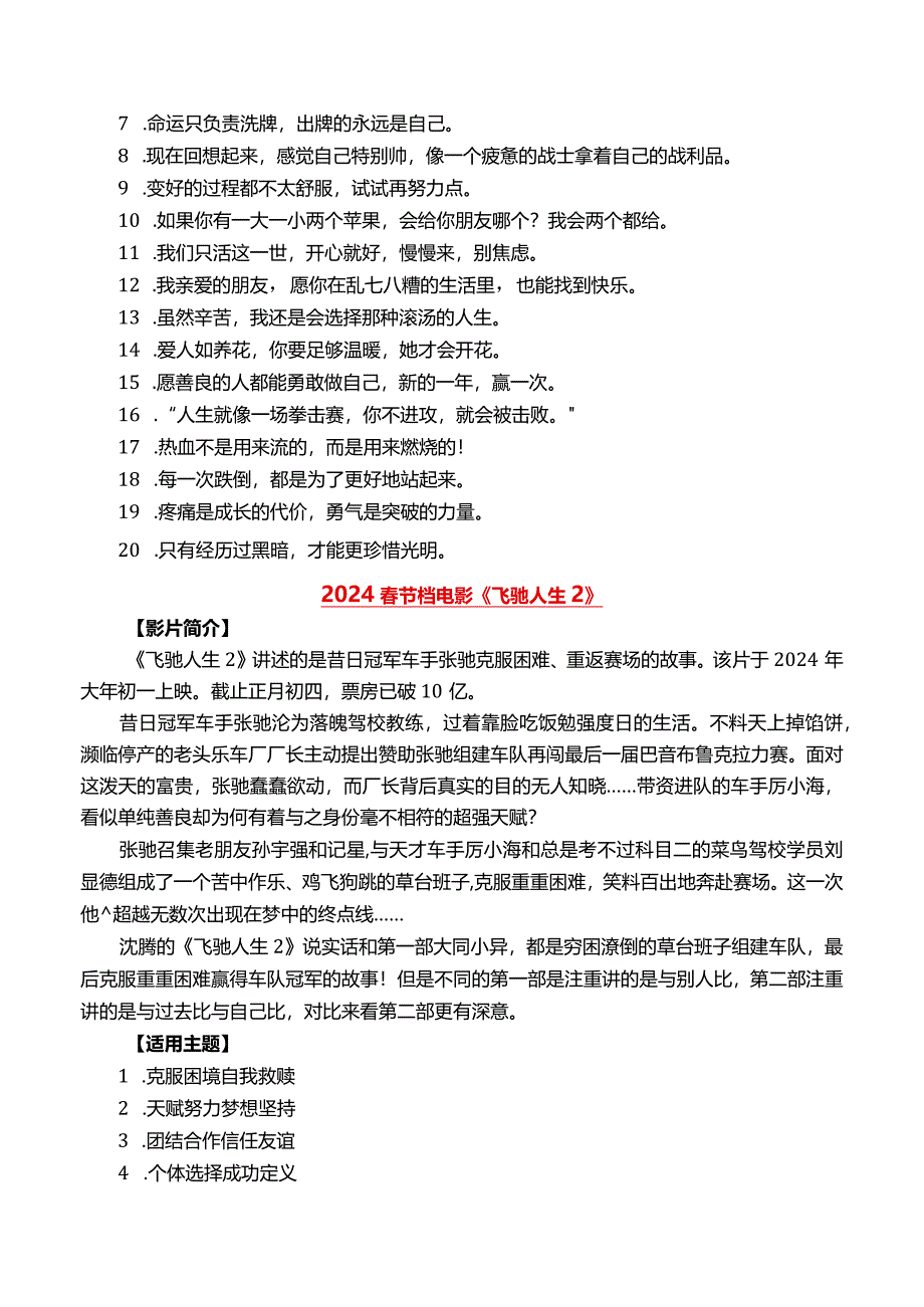 2024届热点作文素材：2024春节档电影《热辣滚烫》《飞驰人生2》《第二十条》（影片简介+适用话题+精彩标题+经典台词）.docx_第2页