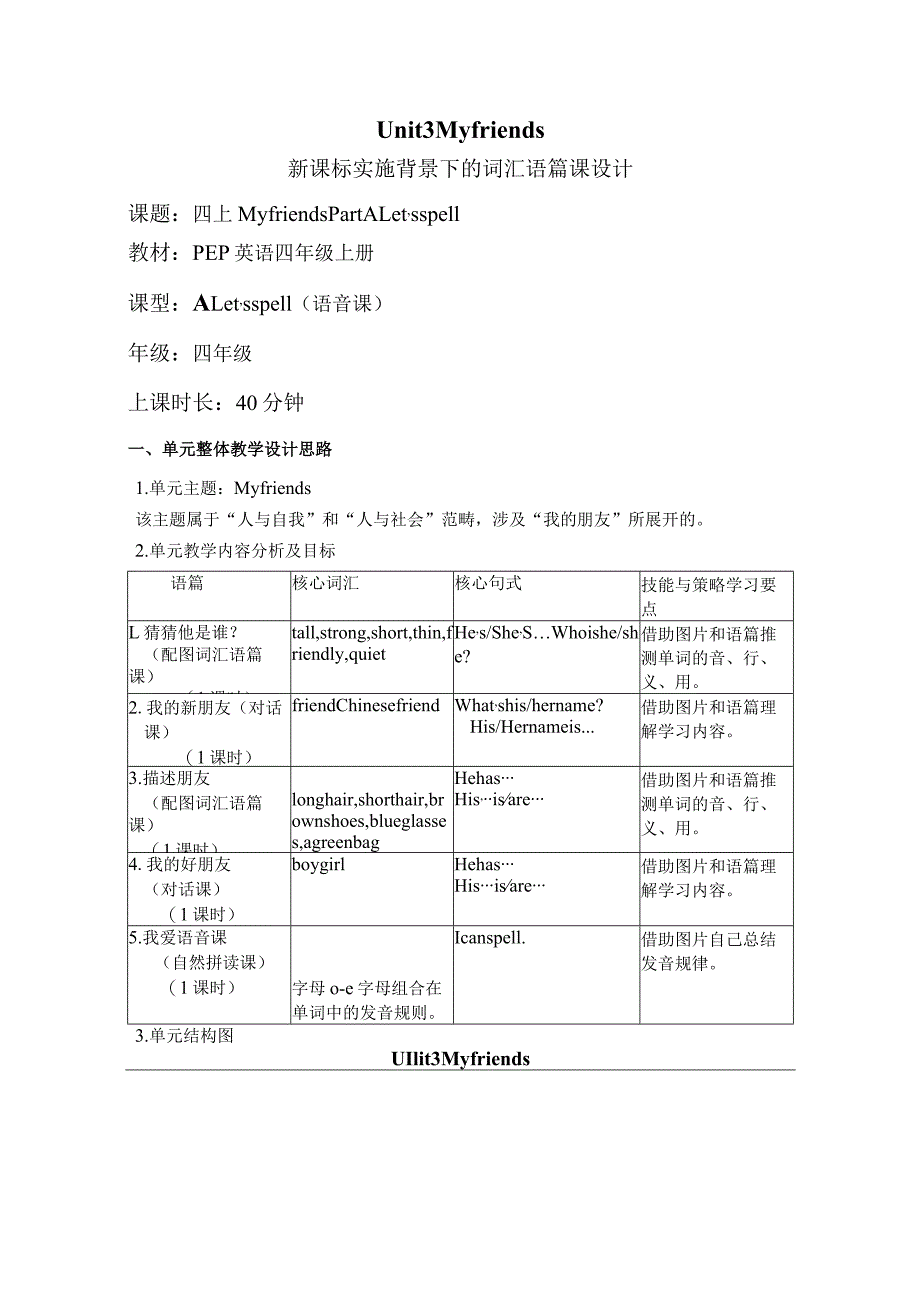 Unit3 My friends Part A Let's spell 大单元教学设计 人教pep四上.docx_第1页