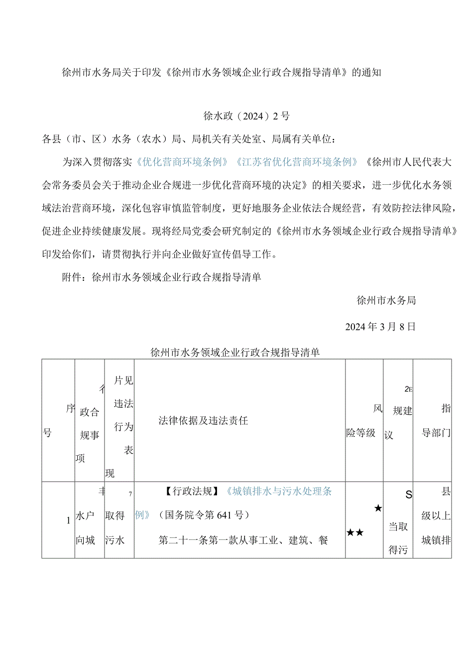 《徐州市水务领域企业行政合规指导清单》.docx_第1页