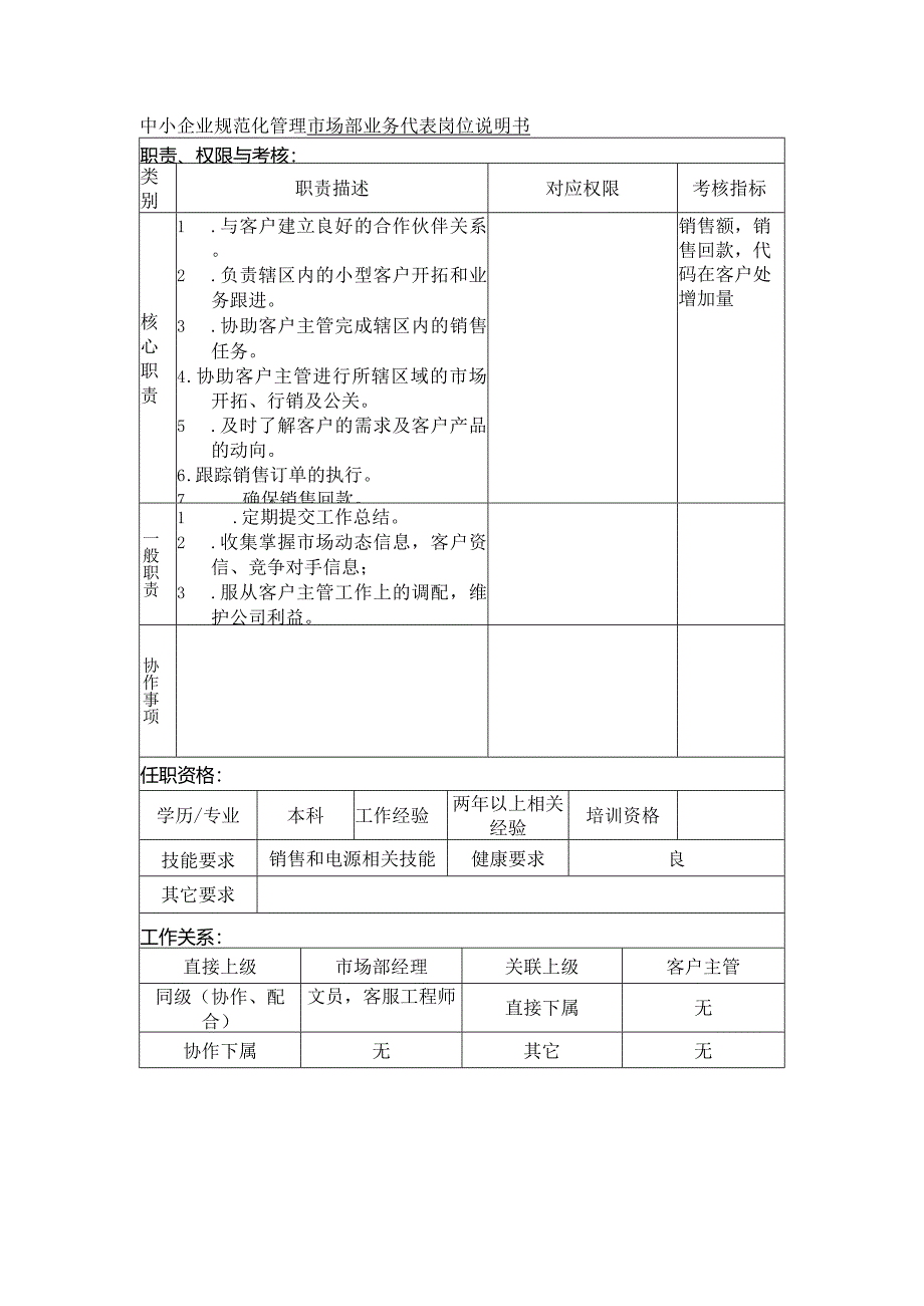 中小企业规范化管理市场部业务代表岗位说明书.docx_第1页