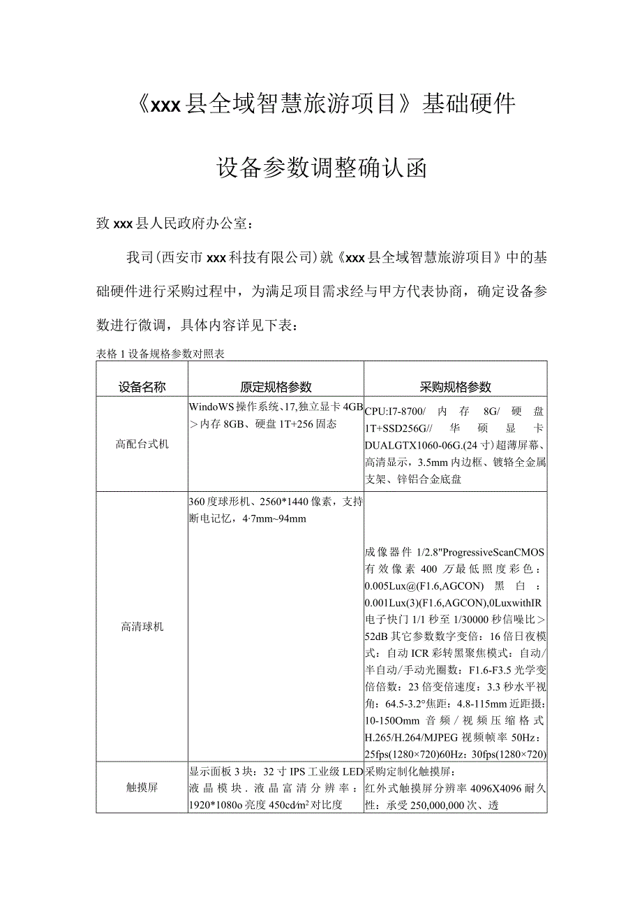 基础硬件采购设备参数调整确认函.docx_第1页