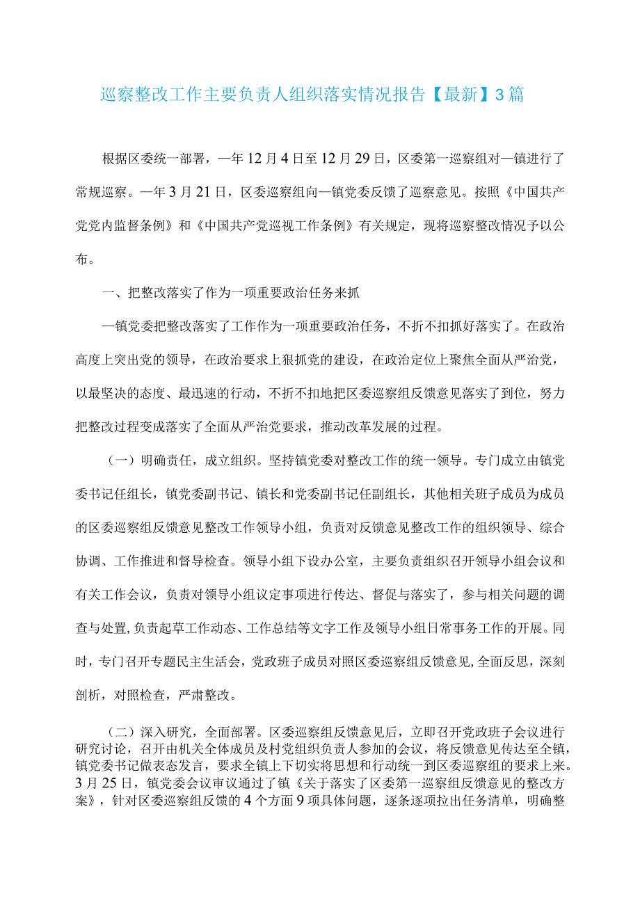 巡察整改工作主要负责人组织落实情况报告【最新】-3篇.docx_第1页