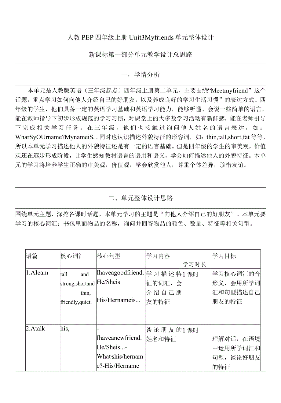 人教PEP四上大单元教学Unit 3 My friends PA Let's talk 教案.docx_第1页