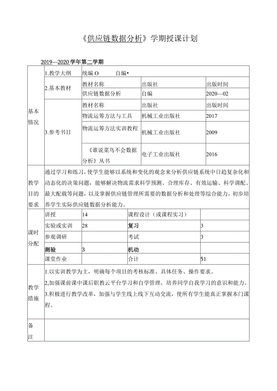 《供应链数据分析》学期授课计划.docx_第1页