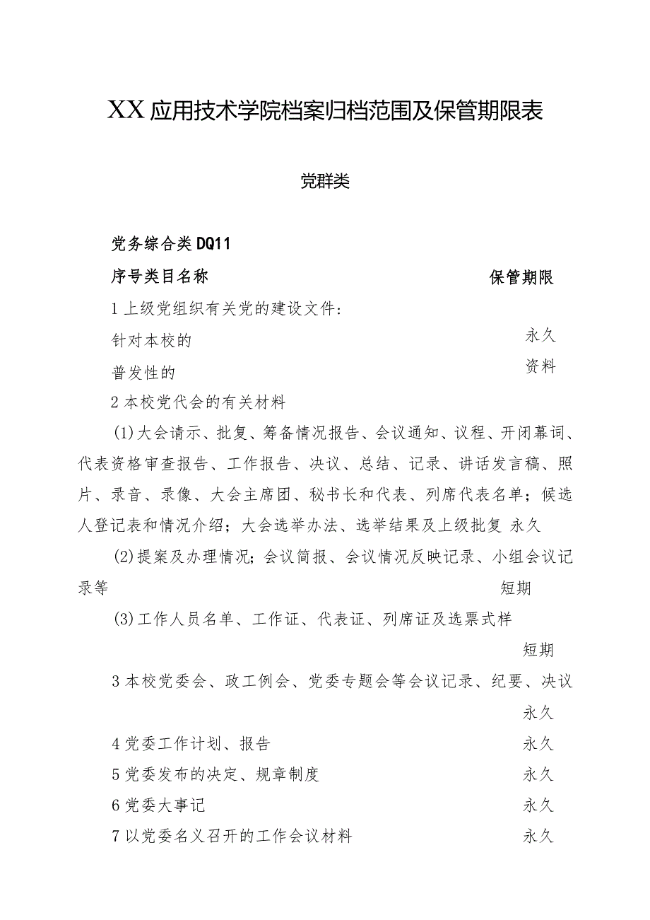 XX应用技术学院档案归档范围及保管期限表（2024年）.docx_第1页