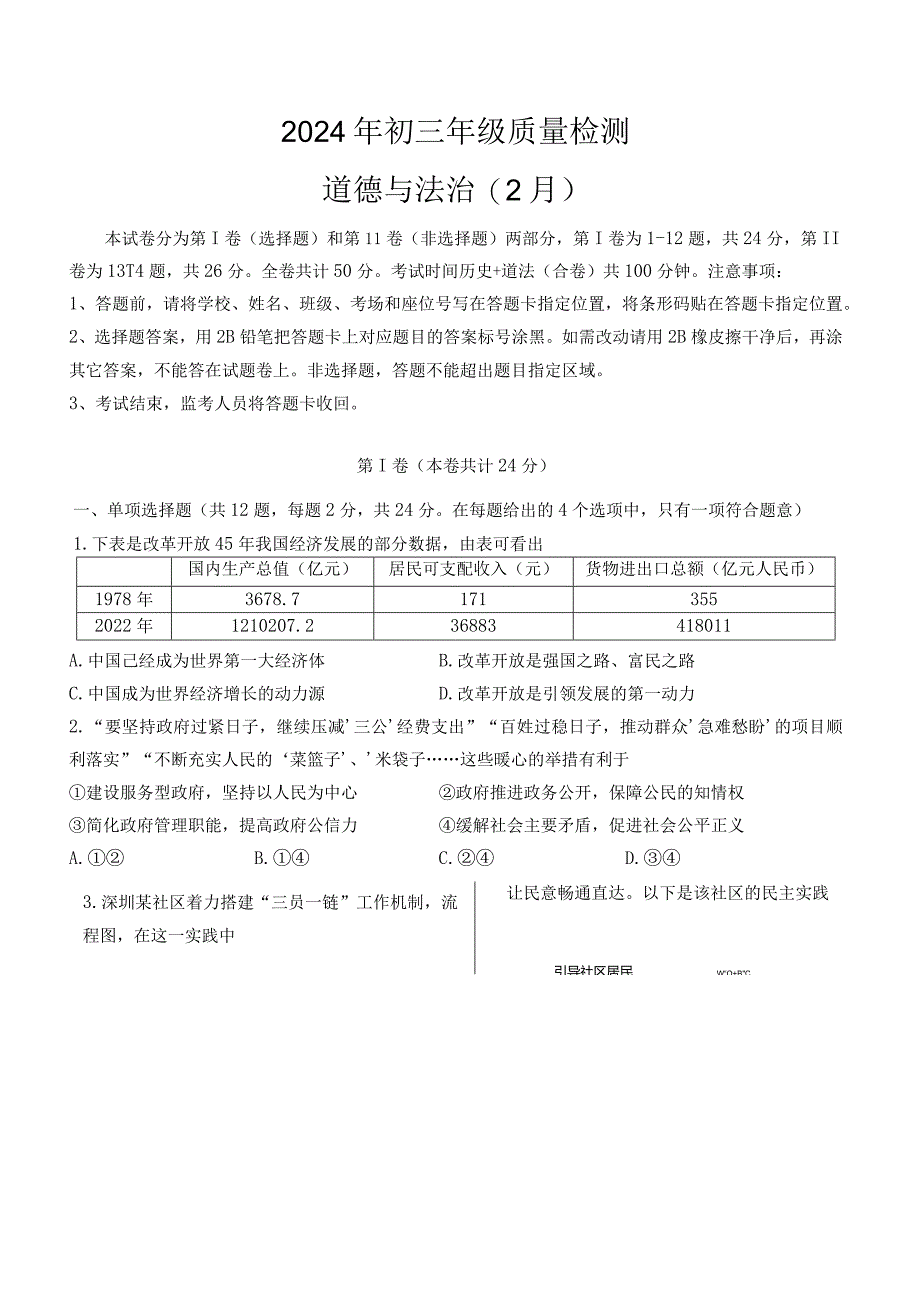 广东省深圳市33校联考2023—2024学年九年级下学期开学考试道德与法治试题（无答案）.docx_第1页