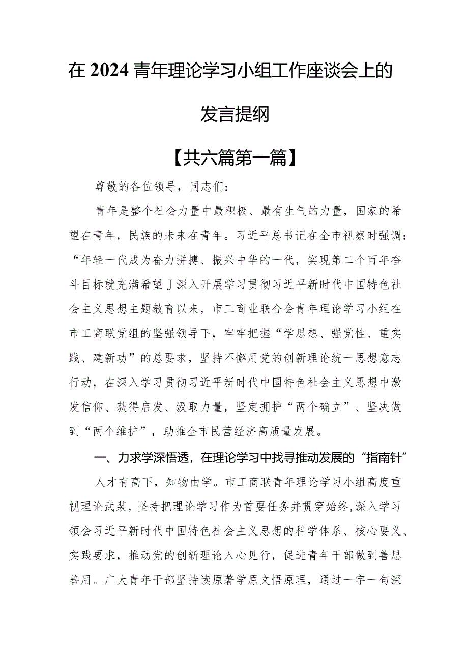 （6篇）在2024青年理论学习小组工作座谈会上的发言提纲.docx_第1页