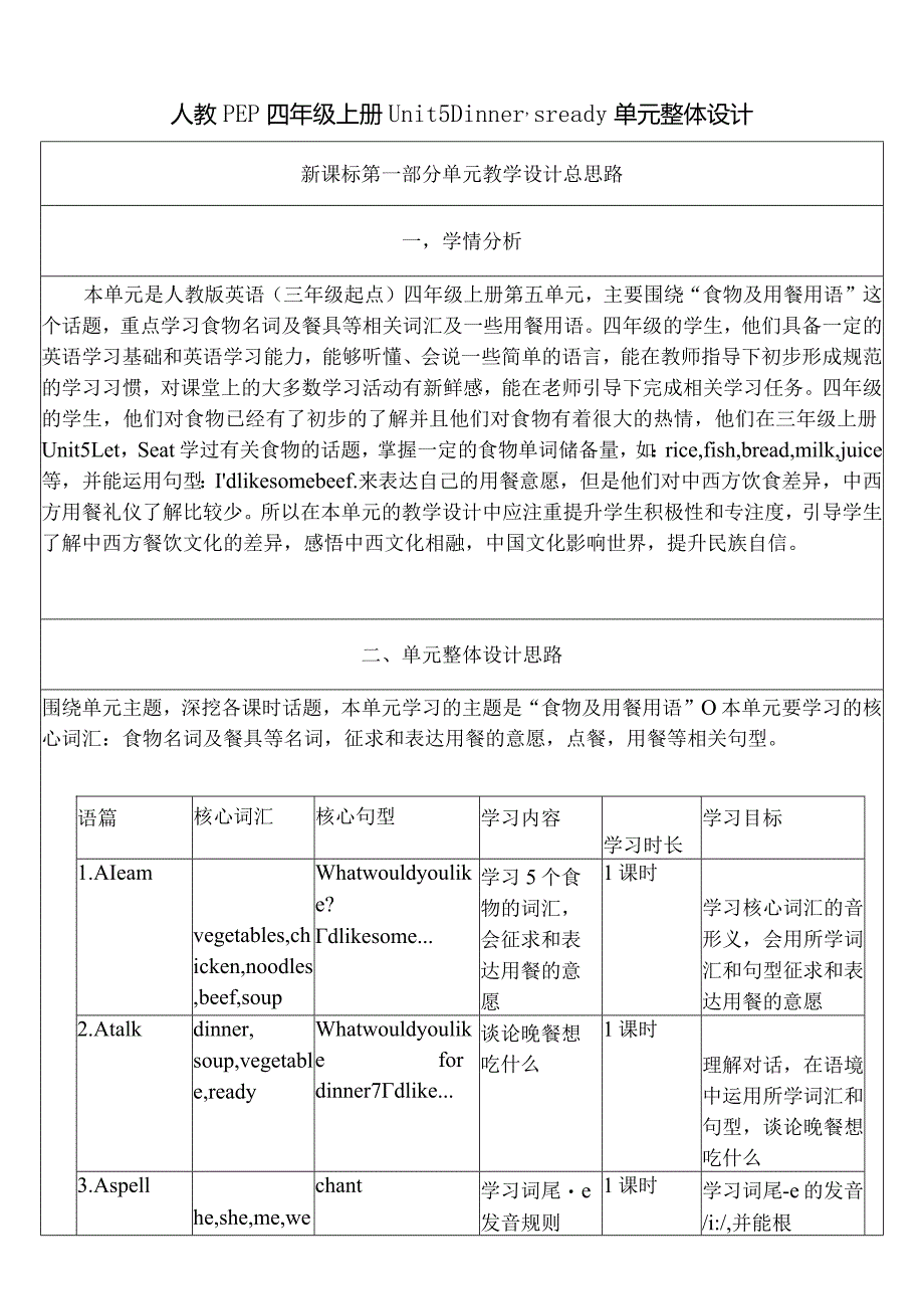 人教PEP四上大单元教学Unit 5 Dinner's ready PA Let's learn 教案.docx_第1页