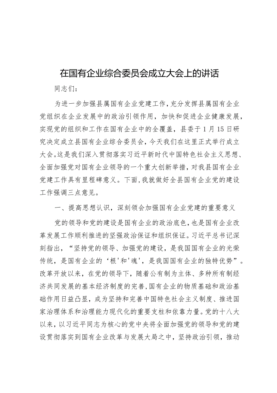 在国有企业综合委员会成立大会上的讲话.docx_第1页