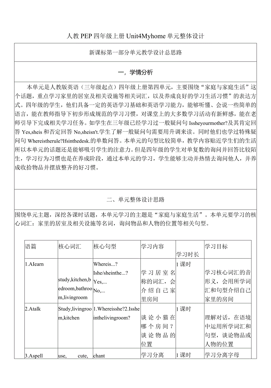 人教PEP四上大单元教学Unit 4 My home PB Let's talk 教案.docx_第1页