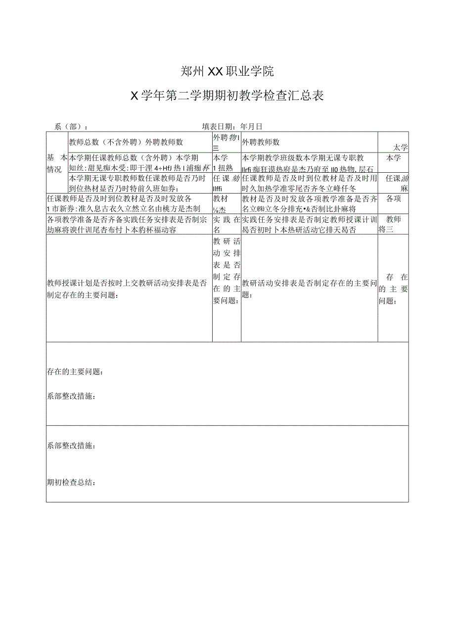 郑州XX职业学院X学年第二学期期初教学检查汇总表（2024年）.docx_第1页