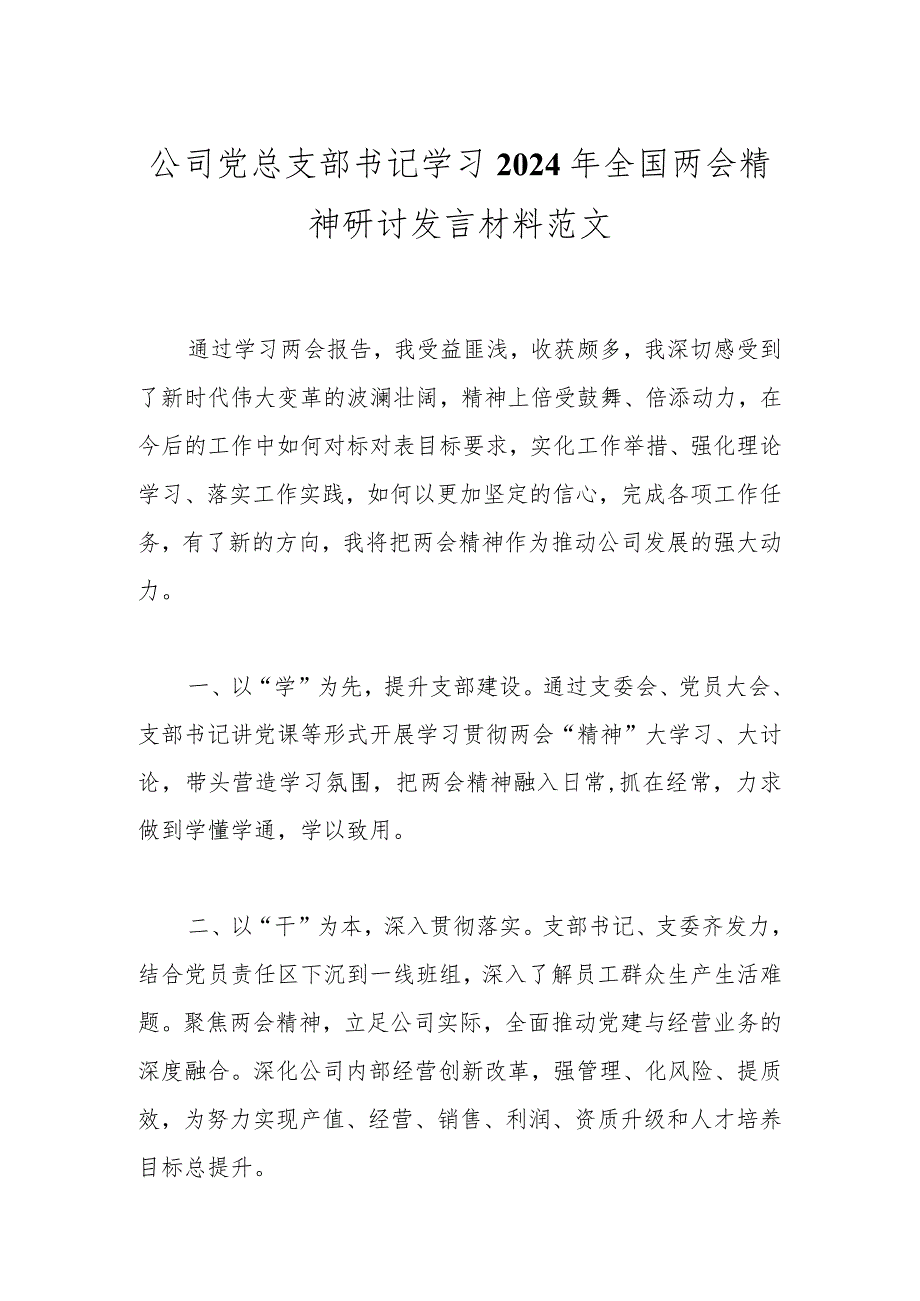 公司党总支部书记学习2024年全国两会精神研讨发言材料范文.docx_第1页