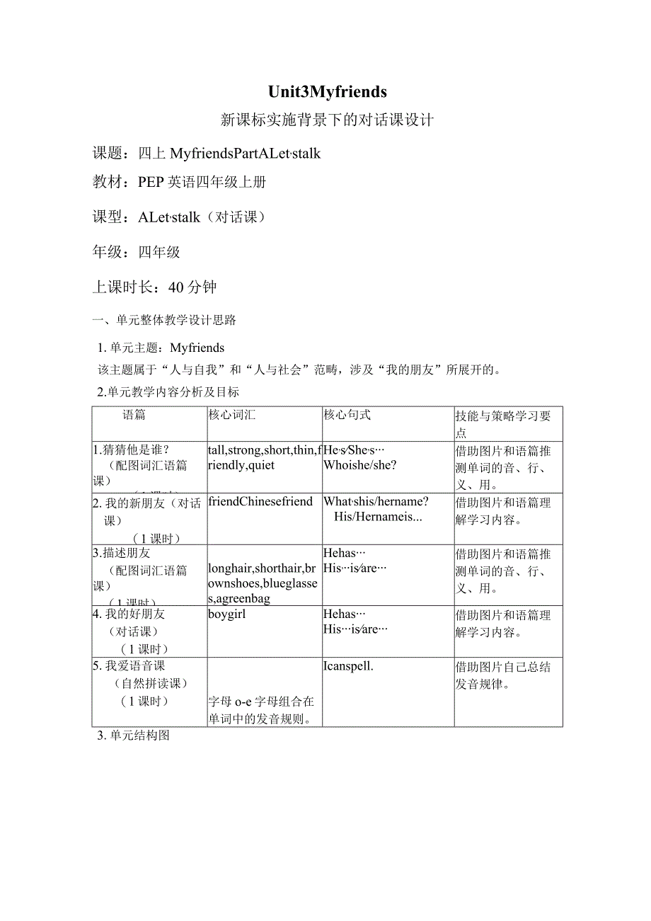 Unit3 My friends Part A Let's talk大单元教学设计 人教pep四上.docx_第1页