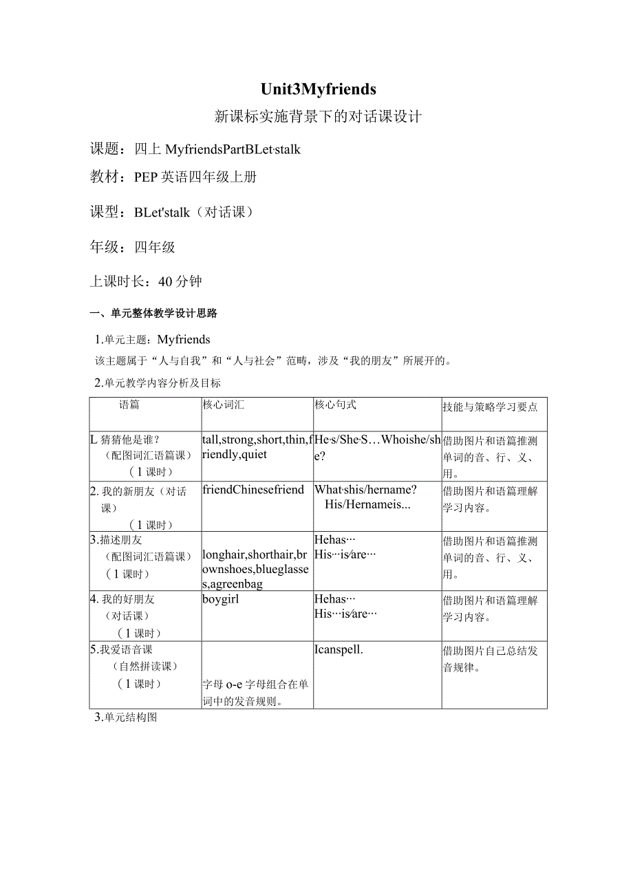 Unit3 My friends Part B Let's talk大单元教学设计 人教pep四上.docx_第1页