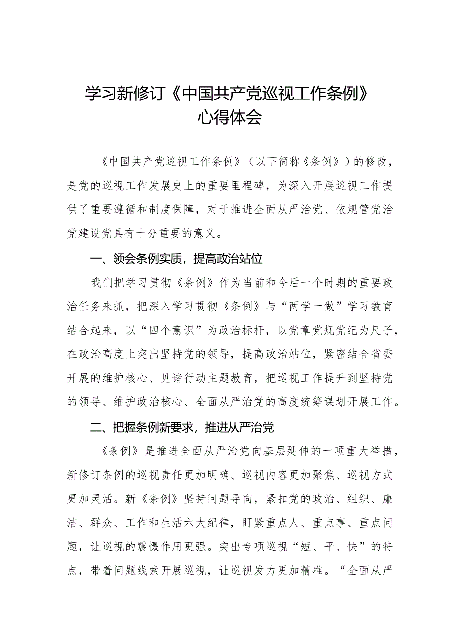 乡镇书记学习2024新修订中国共产党巡视工作条例心得体会(五篇).docx_第1页