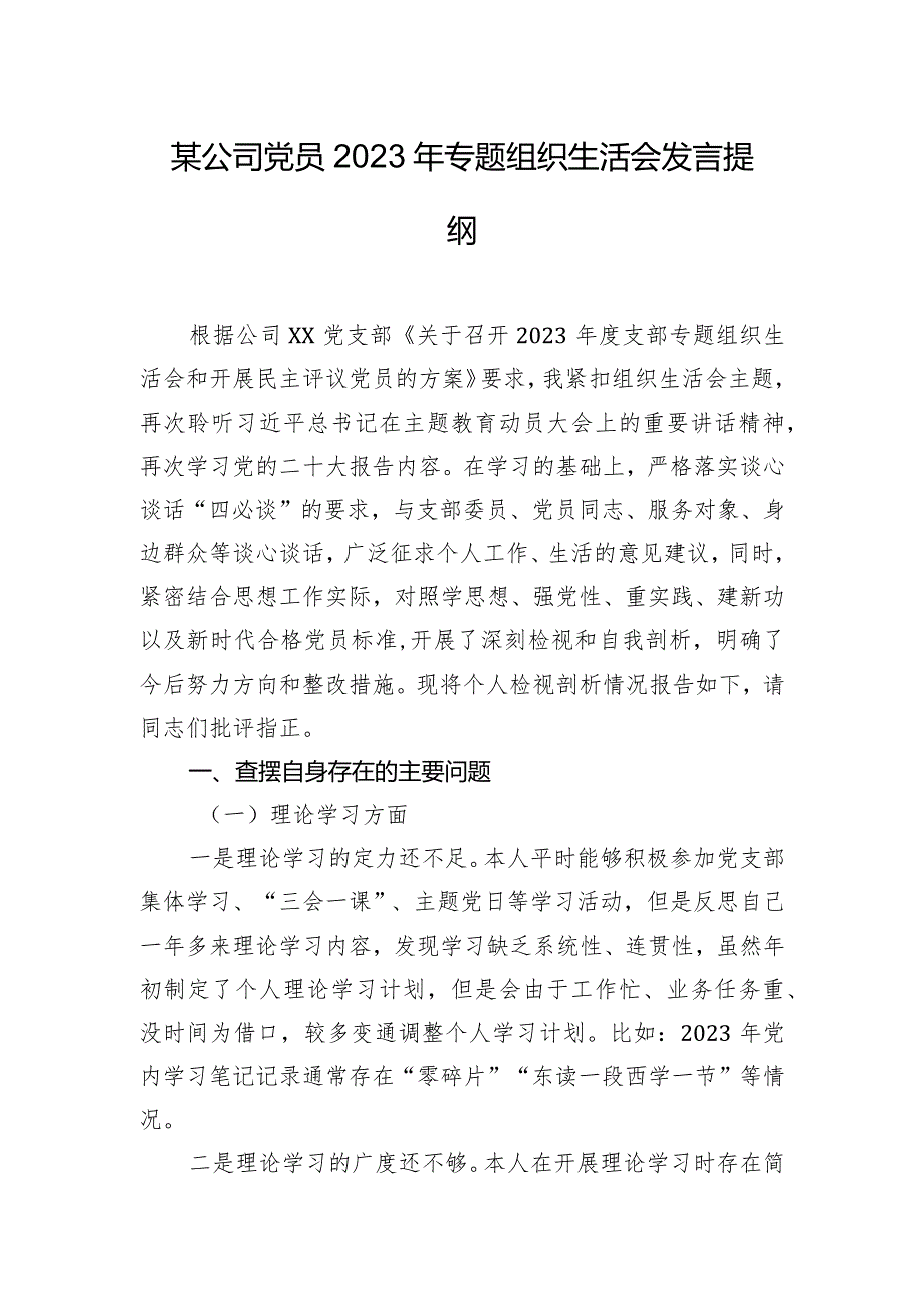 某公司党员2023年专题组织生活会发言提纲.docx_第1页